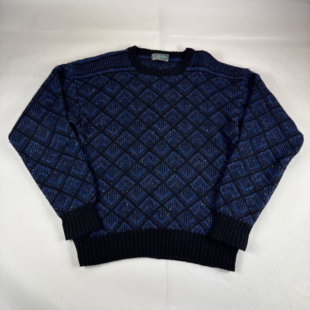 Vtg‎ Agenda Wool Blend Sweater Mens L Blue Argyle Diamond Grandpa Sweatshirt Y2K
